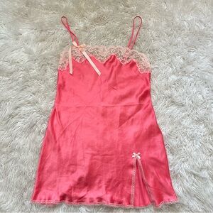 Vintage y2k Victoria’s Secret Pink satin lace slit bow slip dress